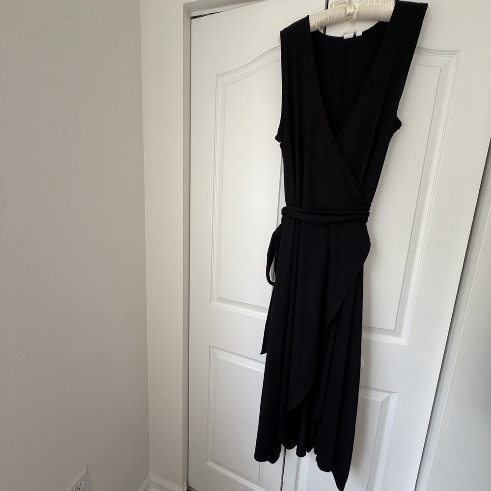 Gap Black Wrap Midi Dress Sleeveless Belted XL Tall Stretch Knit - Picture 2 of 10